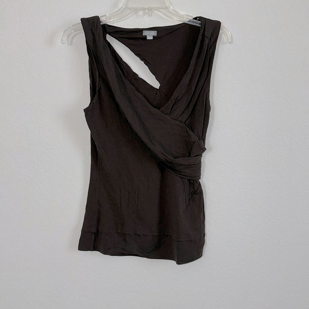 Brown sleeveless top with asymmetric back slash opening. Size M